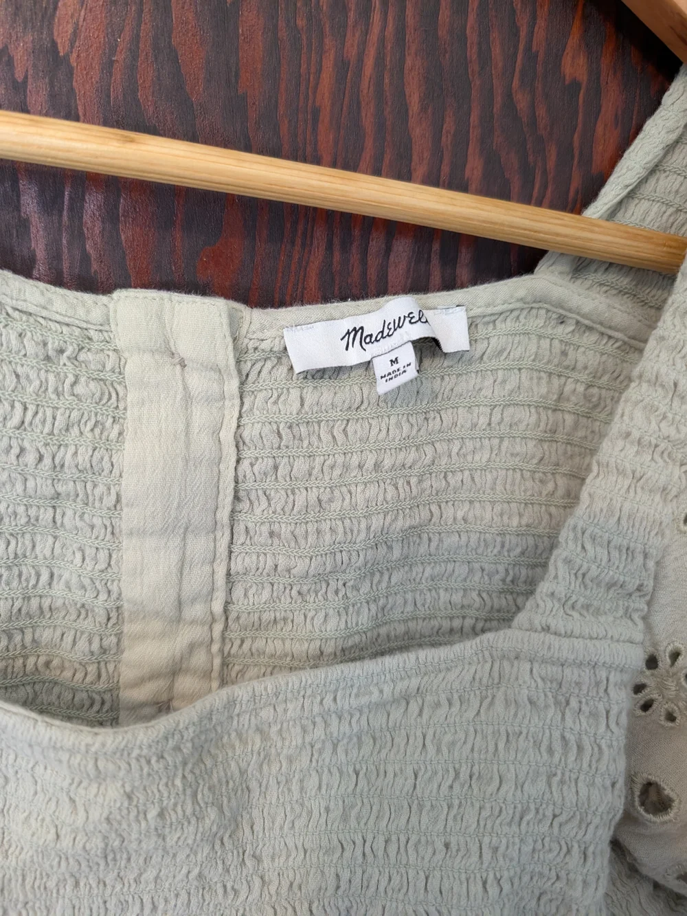 Madewell Light Sage Puff-Sleeve Eyelet Peasant Blouse